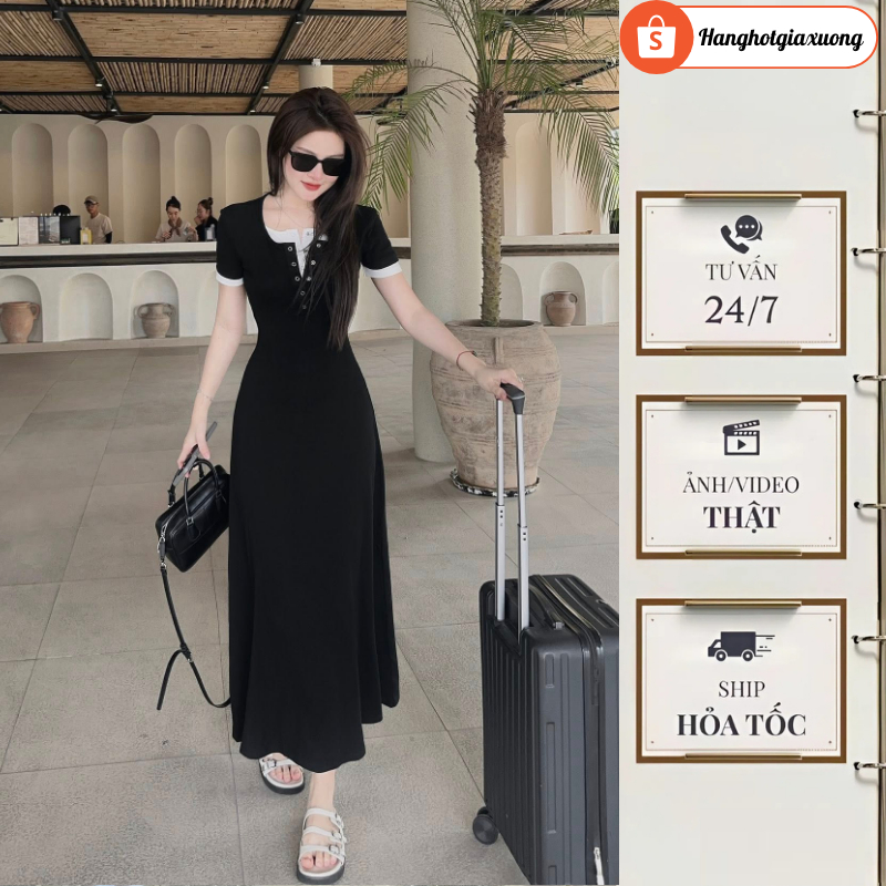 Đầm nữ midi cộc tay chiết eo ôm body, váy nữ dáng dài cổ cúc cài phối hai màu chất mềm mại phong cách hàn quốc HCOM25848