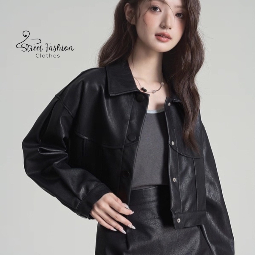 Áo jacket da croptop nữ đen trơn, cúc bấm thời trang