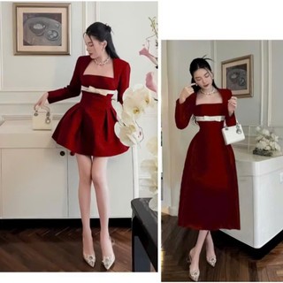 Set đầm thời trang chất nhung cúp ngực không tay đính nơ dáng xoè kèm áo khoác ngoài tay dài siêu xinh đẹp