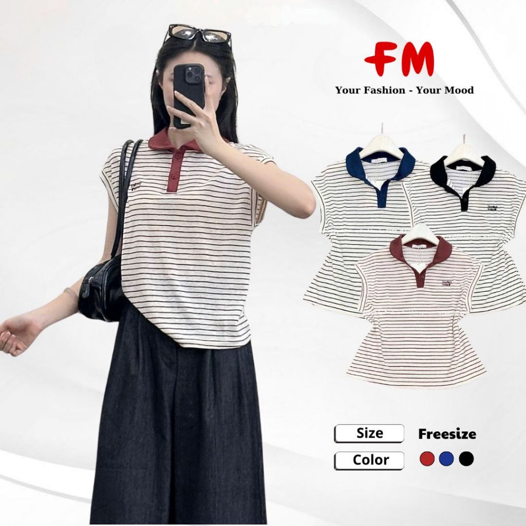 Áo Polo Sát Nách Nữ FMSTYLE Thiết kế kẻ 2 nút thêu chữ Goodluck Today form Basic Freesize 25061537