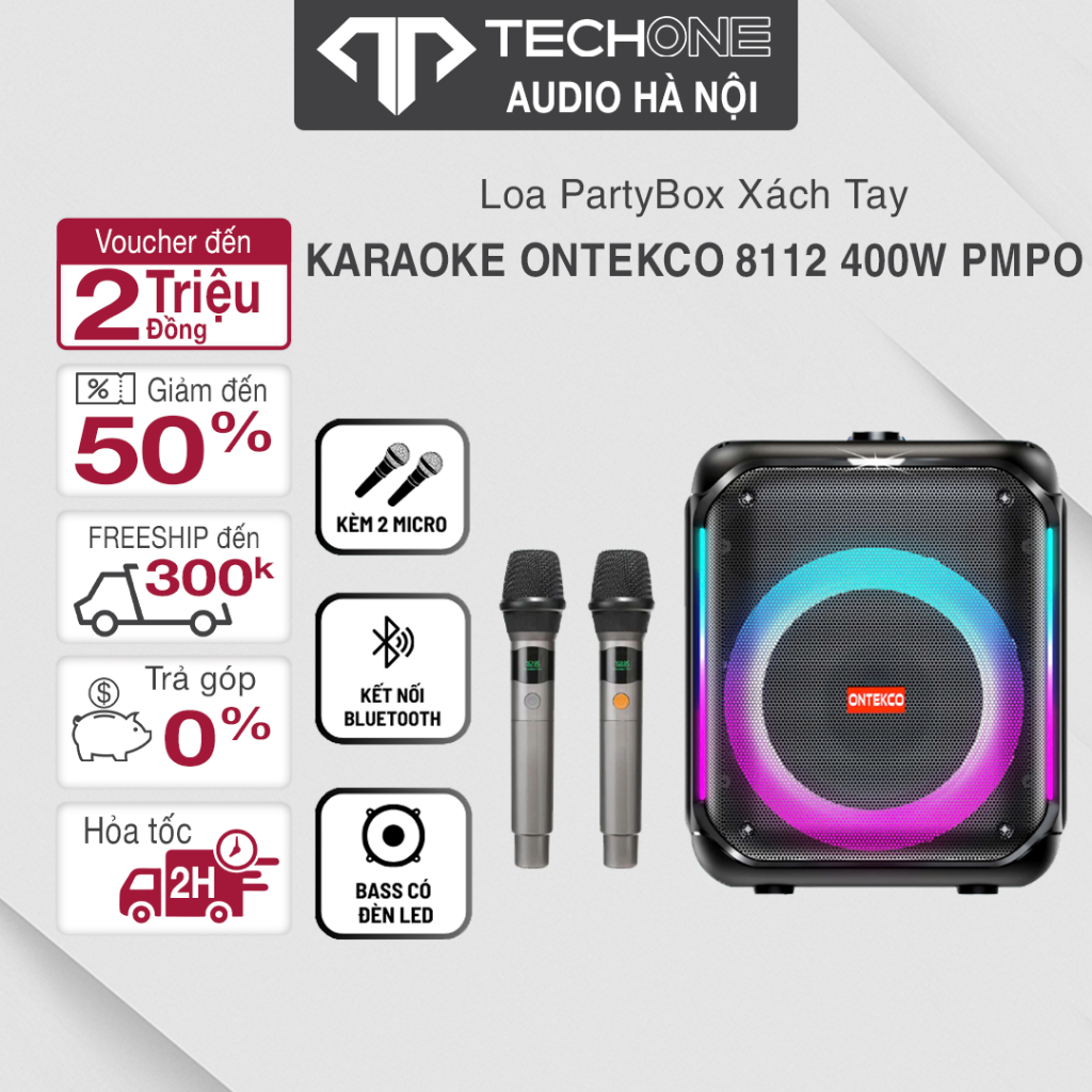 Loa Xách Tay ONTEKCO Partybox 8112 Bass 20cm Kèm 2 Micro Mã 2025 - Bảo Hành Chính Hãng 12 Tháng