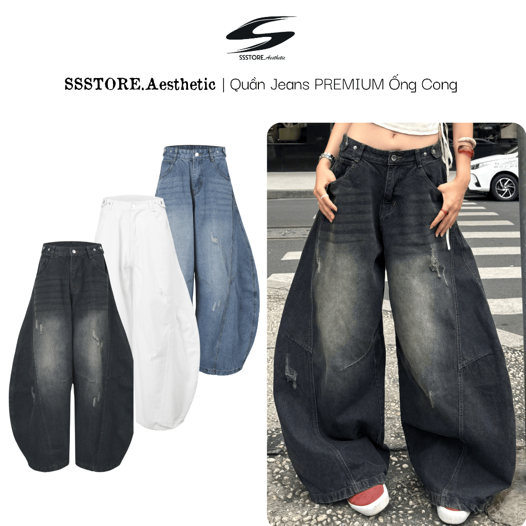 Quần Jeans Dài Ống Cong PREMIUM Form Rộng Wash Tôn Dáng Nam Nữ Thiết Kế Đai Siết Eo | SSSTore.Aesthe