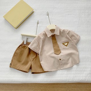 (Nhiều mẫu) Bộ sơ mi cộc tay bé trai kẻ xanh-nâu hiện đại Bernie - Bộ hè bé trai 9-26kg - P1224B01