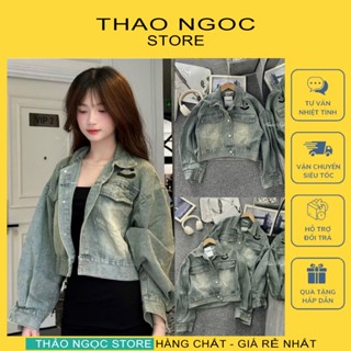 Áo khoác jean nữ tay dài croptop 2 túi đắp thêu mặt cười! (có sẵn, hình thật) THẢO NGỌC STORE