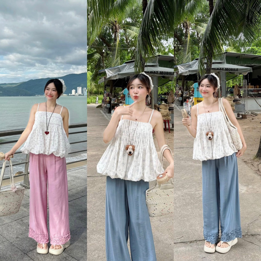 L910- sét bộ đũi hoa bí, áo bí phồng hoa nhí 2 dây mix quần phối bèo dễ thương (38-56kg)