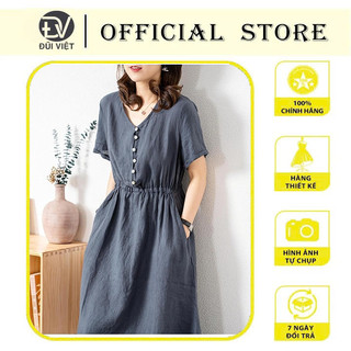 Váy sơ mi cổ V dáng suông dài basic kiểu Hàn Quốc, Đầm linen hè nữ thời trang Da173