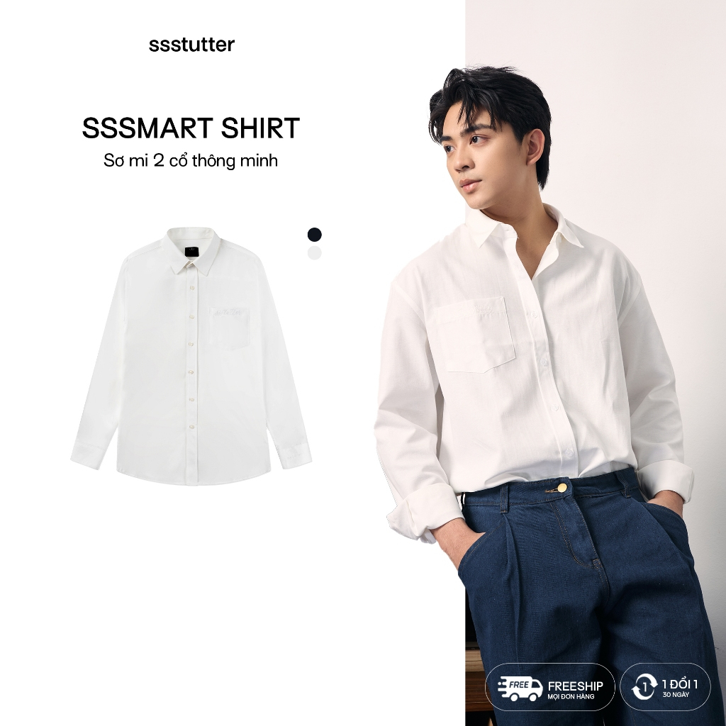  Áo sơ mi nam tay dài cổ trụ cổ đức SSSTUTTER sơ mi oxford  2 cổ dáng rộng nam nữ SSSMART SHIRT 