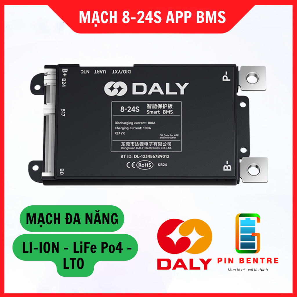 Mạch BMS DALY 8S - 24S dòng 30A/100A cân bằng thụ động 100mA quản lý qua App BMS