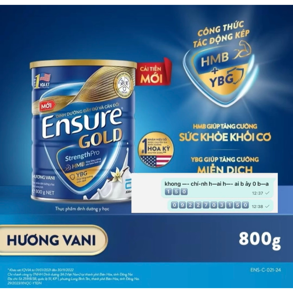 Sữa bột Ensure Gold Abbott hương vani 800g