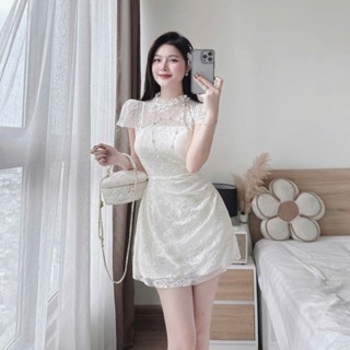  Váy Nữ Thiết Kế Ren Hoa Lưới Viền Cổ Bèo Phối 2 Dây Chiết Eo Dự Tiệc Dạo Phố Hẹn Hò Tiểu Thư Thanh Lịch 