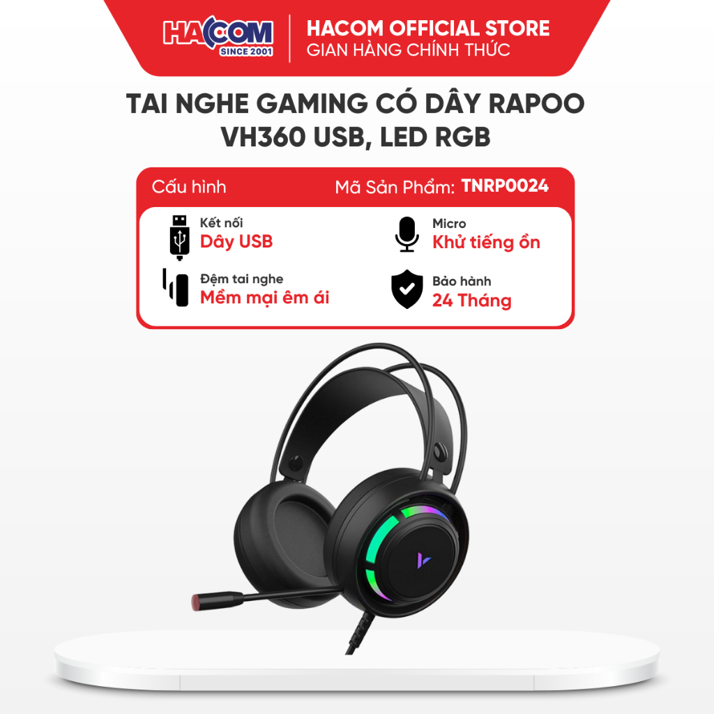 Tai nghe gaming có dây Rapoo VH360 USB, LED RGB HACOM PC