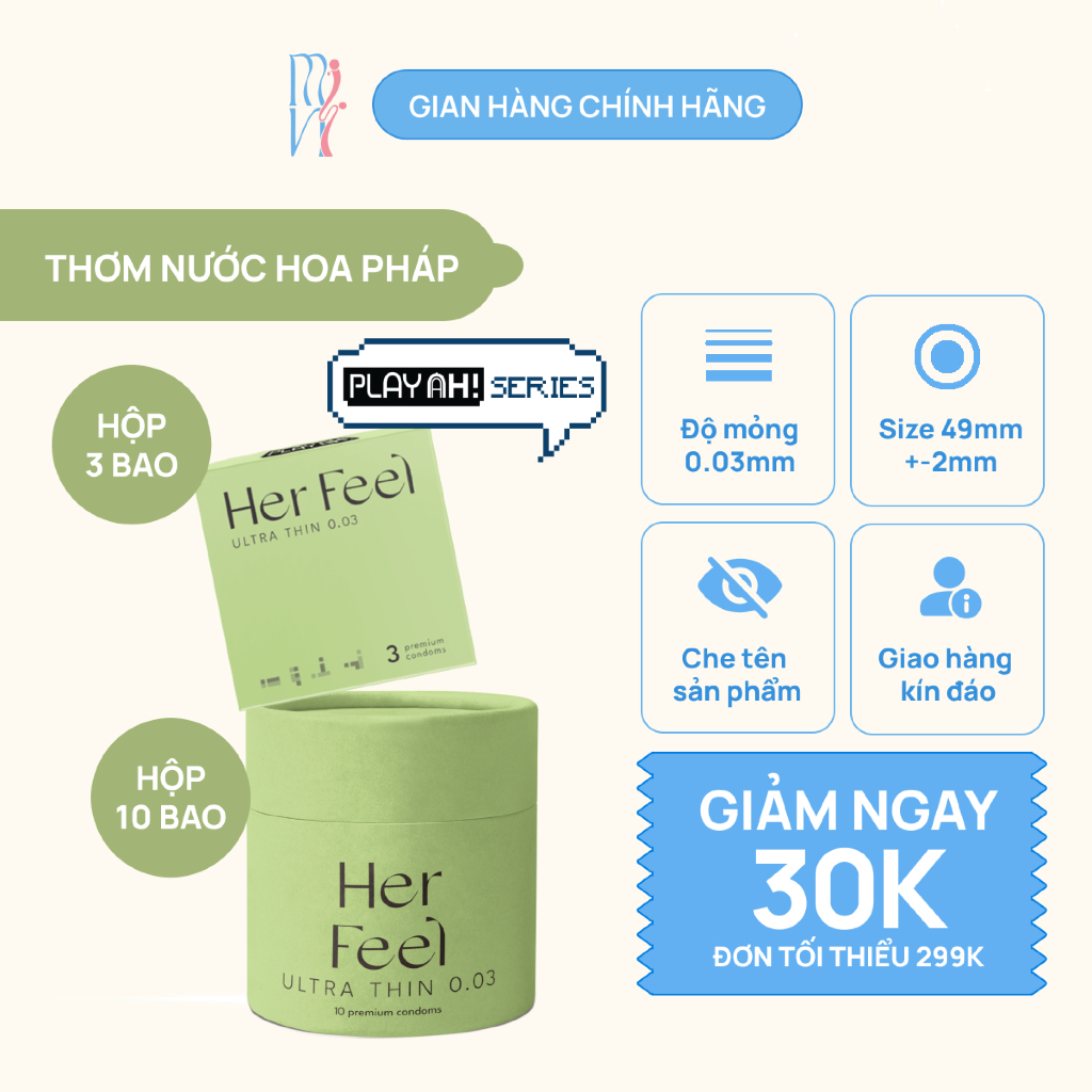  Bao cao su PlayAh Her Feel Ultra Thin 0.03mm - Siêu mỏng size 52mm nhiều gel hương nước hoa Pháp 
