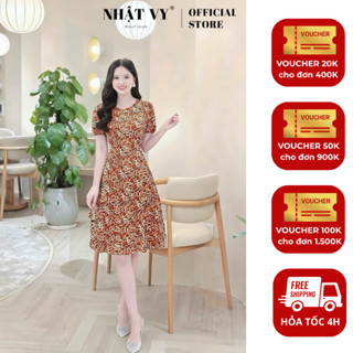 Đầm nữ Nhật Vy hoạ tiết cổ tròn tay ngắn dáng xoè chất lụa công sở dự tiệc màu nâu xanh - D3438 