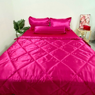 Bộ ga gối phi lụa 1.6mx2m , khổ vải 1.5m, nệm dày 15cm( hồng/ tím)