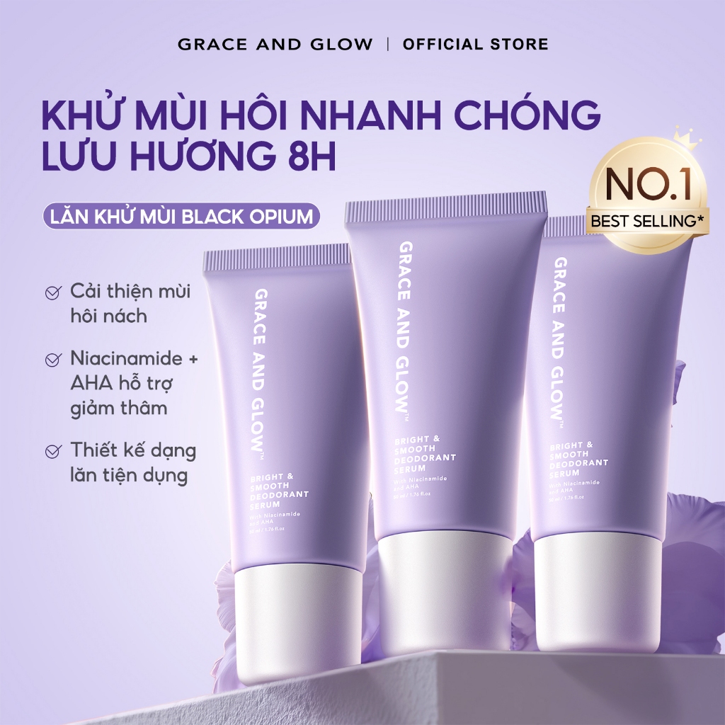 Combo 3 lăn khử mùi Grace and Glow Smooth Deodorant Serum với Niacinamide và AHA Lăn Nách Sáng Da Ng