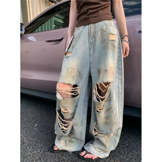   HÀNG CÓ SẴN  Quần jean rách tả tơi màu xanh cũ cổ điển ống suông rộng #0963 