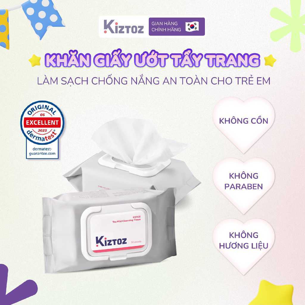 Khăn Giấy Ướt Tẩy Trang Làm Sạch Chống Nắng An Toàn Cho Trẻ Sơ Sinh Kiztoz The Mild Cleansing Tissue
