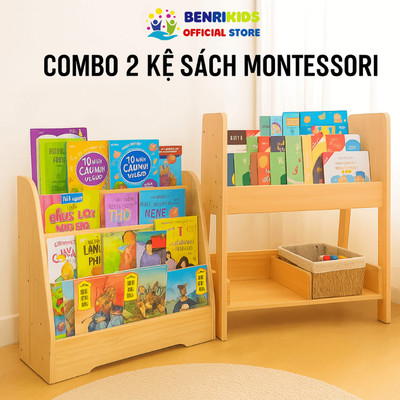 Combo 2 Kệ Đựng Sách Cho Bé, Kệ Sách 4 Ngăn & Kệ Chữ A Đa Năng Bằng Gỗ Thông Benrikids, Giá Sách Mầm Non Montessori