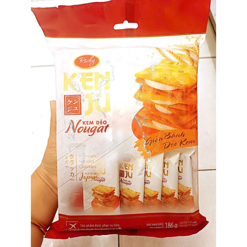 Bánh Quy Hành Nougat Kẹp Kem Dẻo Richy Kenju Nougat Kem Sữa 186g Vị Giòn Rụm Thơm Bơ