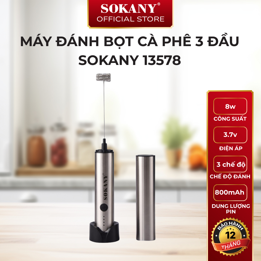Máy đánh bọt cà phê Sokany 13578 cao cấp máy đánh trứng cầm tay máy tạo bọt cà phê 3 đầu sạc usb bảo hành 12 tháng