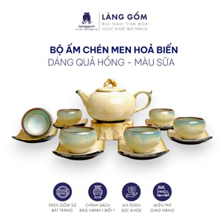  Bộ ấm chén dáng quả hồng màu hỏa biến sữa bộ thưởng trà cao cấp hàng nghệ nhân - Gốm sứ Bát Tràng 