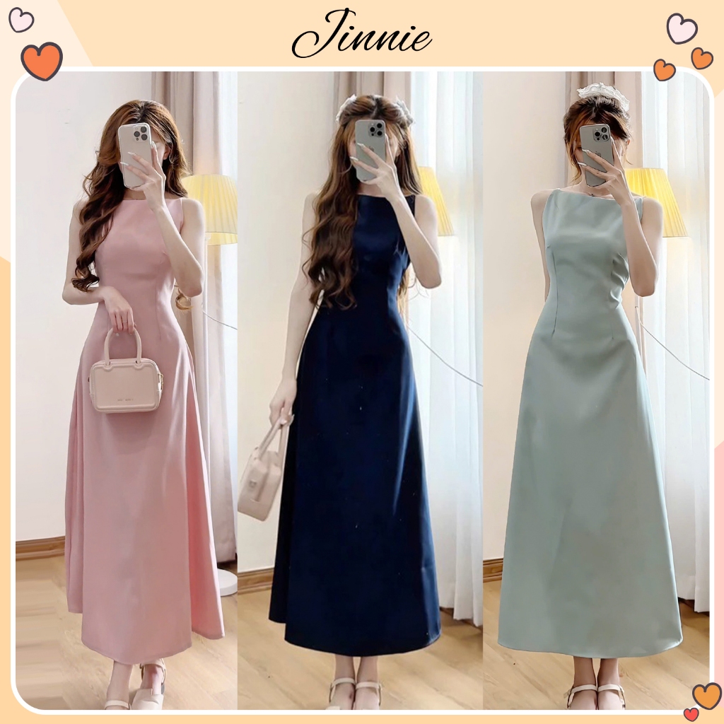 Váy cổ yếm dáng dài tiểu thư chất chéo dày dặn JINNIE DRESS Đầm maxi sát nách tôn dáng thanh lịch