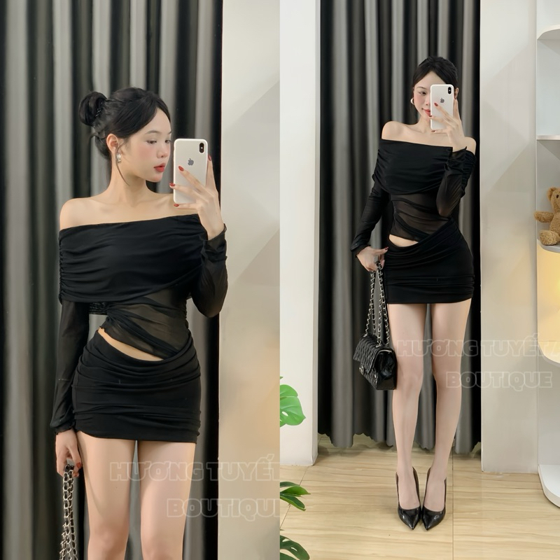 | HTA.Boutique | Váy body ôm trễ vai dài tay phối lưới xẻ eo màu đen gợi cảm sang trọng dự tiệc dạ h