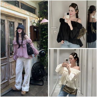 THE2001STORE | Áo kiểu nữ trễ vai dài tay dáng bí bồng chất voan tơ mềm 2 lớp style vibe Hàn Quốc 