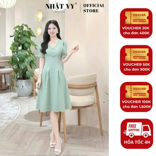  Đầm nữ công sở Nhật Vy cổ V tay ngắn dáng xoè chất lụa phù hợp dự tiệc thanh lịch màu xanh kem - D3418 