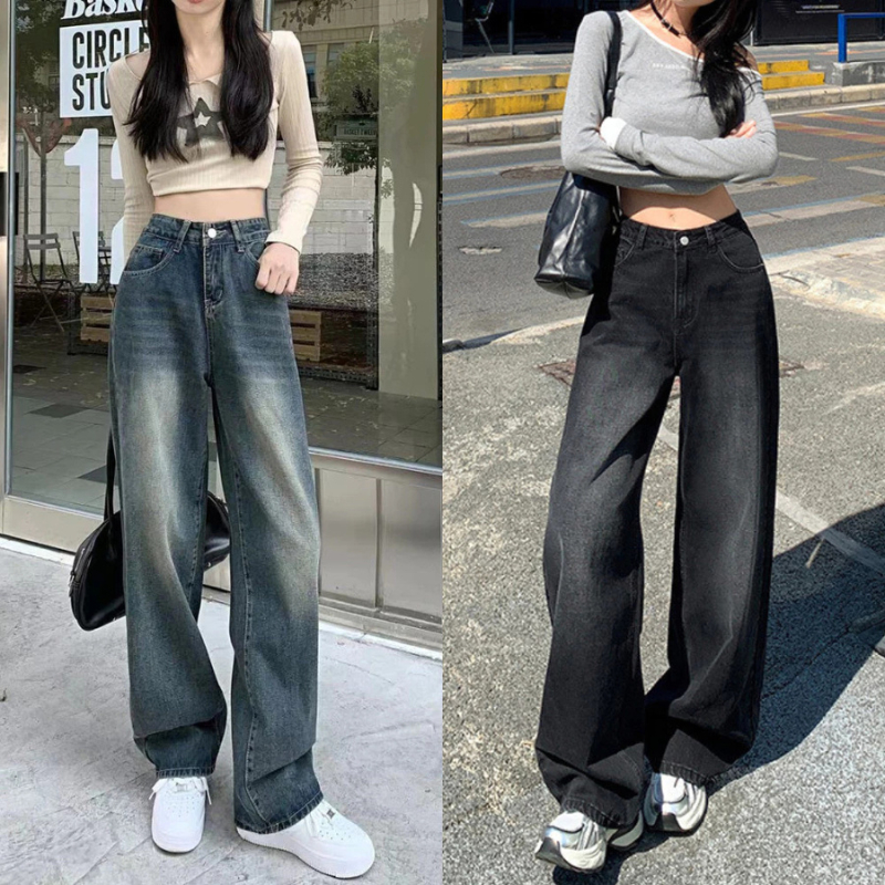 Quần Jeans Ống Suông Rộng Wash RETRO MIAA Cạp Cao Tôn Dáng, Quần Bò Dài Wash Ống Rộng Tôn Dáng Nam N