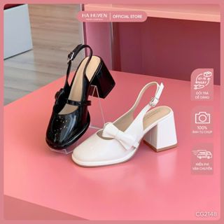 Giày cao gót mary jane hở gót nữ HÀ HUYỀN da bóng mũi tròn hông nơ gót vuông 7cm - CG2148