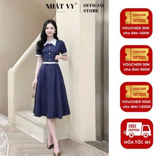  Đầm nữ Nhật Vy sọc cổ sơ mi tay ngắn dáng xoè công sở dự tiệc màu xám xanh đen - D3401 