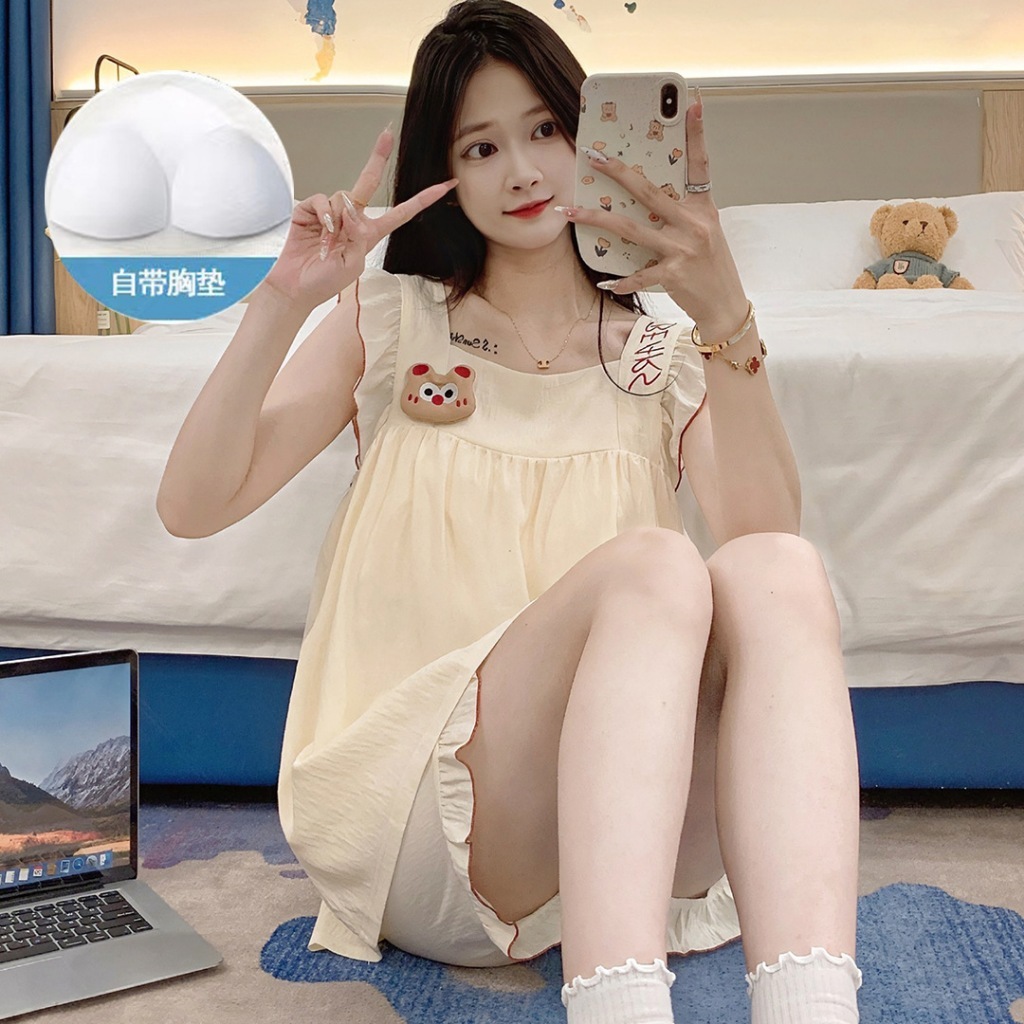 Bộ đồ ngủ nữ Dolphin246, set đồ ngủ hai dây tiểu thư có mút đệm ngực, chất đũi xốp thoáng mát dễ thư
