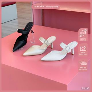 Giày sục cao gót nữ HÀ HUYỀN chất lụa satin mũi nhọn quai ngang gót nhọn 6cm - SU495