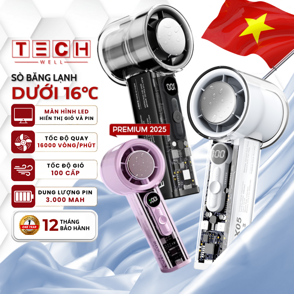 Quạt Sò Lạnh Cầm Tay Thân Trong Suốt Động Cơ Chống Ồn Làm Mát 16 Độ, Tốc Độ 16000 Vòng/Phút