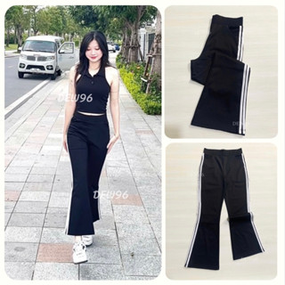 Quần ống loe nữ phối sọc trắng tôn dáng khoẻ khoắn chất vải umi hàn co giãn 4 chiều lưng cao cạp chun có túi