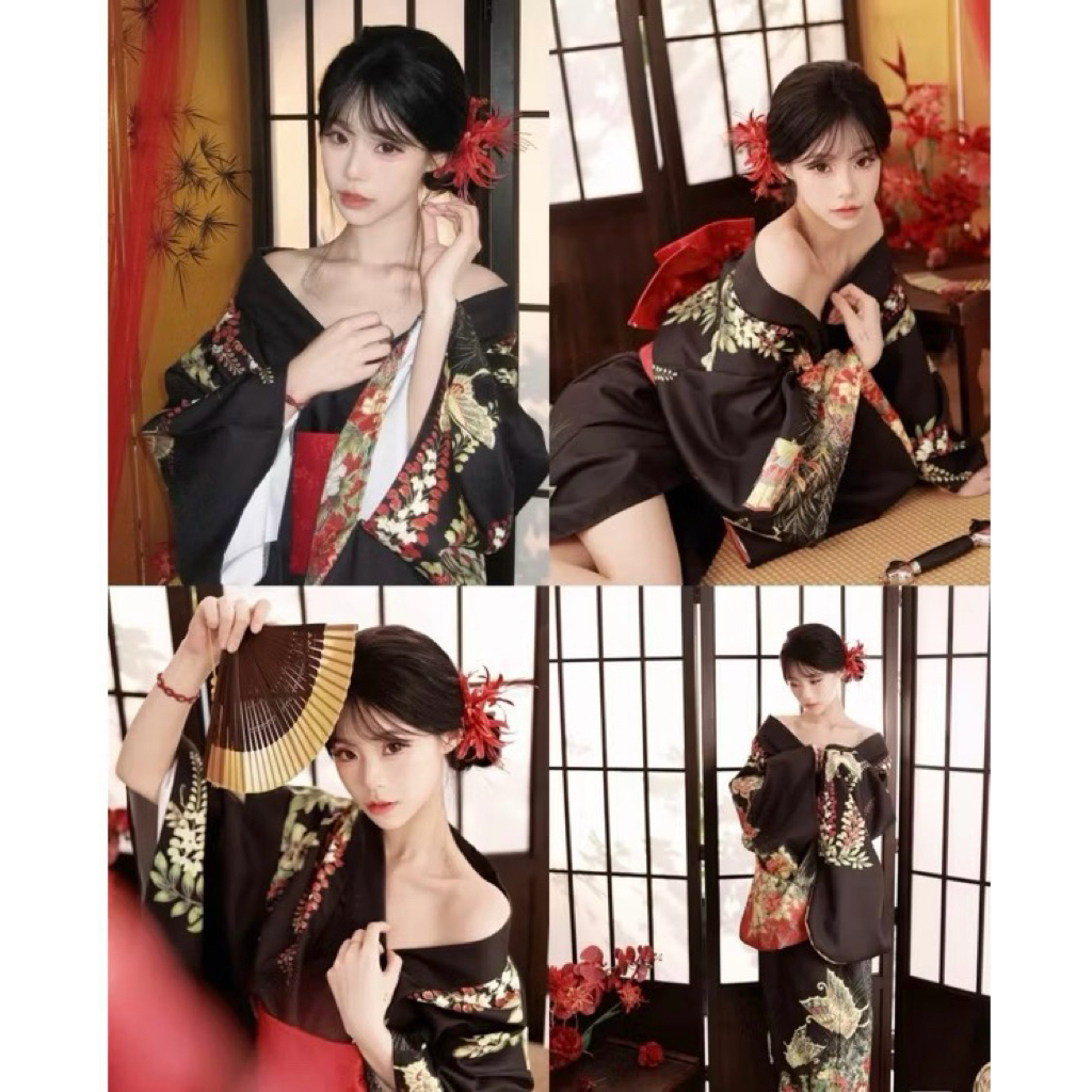 Trang phục Kimono nhật bản nữ đen ngầu yukata đen ( sẵn )