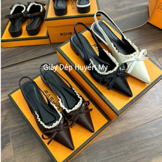 Độc Quyền - Giày sục nữ mũi nhọn 2p phối nơ mix ren tiểu thư full hộp (PH15)