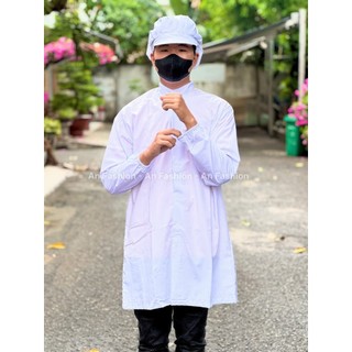 Áo blouse trắng, áo choàng thực phẩm, dược sĩ, thí nghiệm vải silk cổ trụ nút dán xẻ tà _ Hình chụp thật