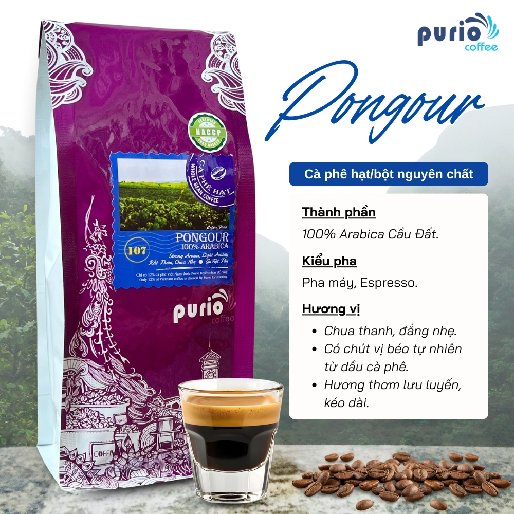 Cà phê Arabica rang xay nguyên chất Pongour Arabica chua thanh 250g - Purio Coffee