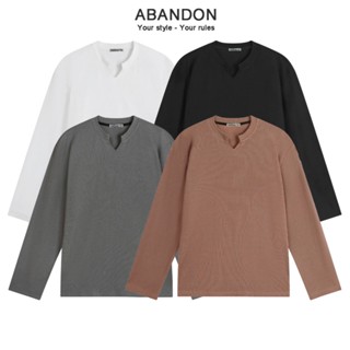 Áo Thun Nam Dài Tay Cổ V Form Suông Vải Gân Co Giãn Mềm Mại Màu Trắng, Đen Abandon N5