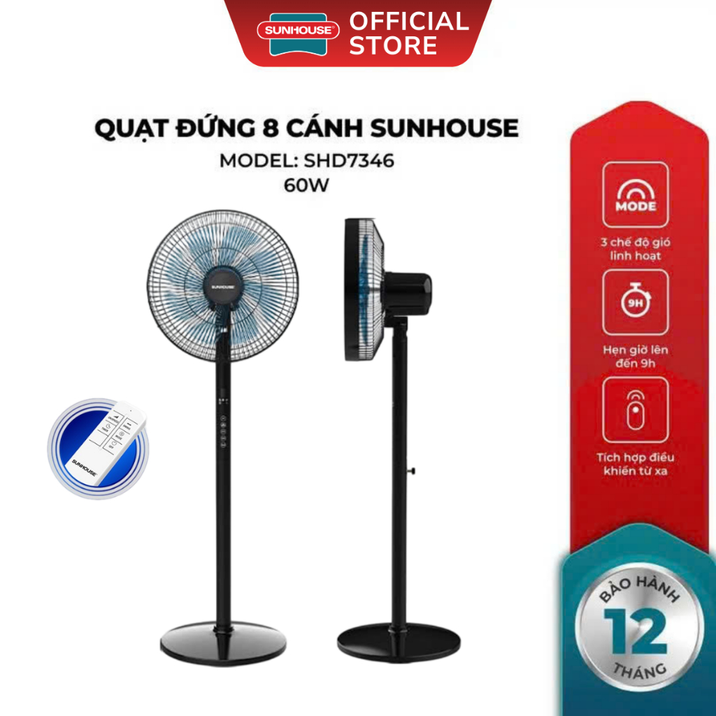 Quạt Đứng 8 Cánh Sunhouse SHD7346 - 60W, Có Điều Khiển Từ Xa, Chế Độ Gió Tự Nhiên, Bảo Hành 12 Tháng