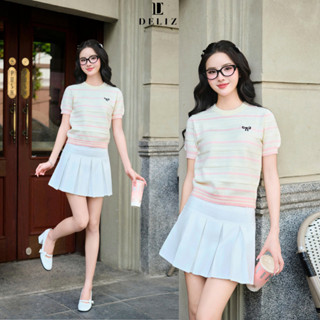 [MỞ BÁN] Áo len cổ tròn mùa hè ngắn tay cho nữ tone pastel thêu nơ kẻ ngang basic DELIZ ALC01