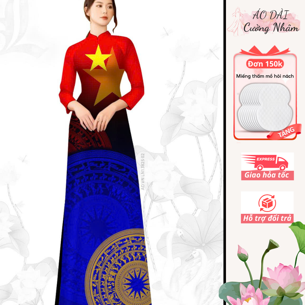 Áo dài cờ đỏ sao vàng Việt Nam, áo dài truyền thống họa tiết sao vàng trống đồng loang màu