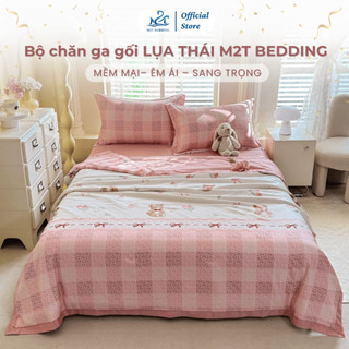 Bộ chăn ga gối LỤA THÁI 9D M2T BEDDING - chăn chần bông mỏng cho mùa hè, ga giường và 2 vỏ gối nằm