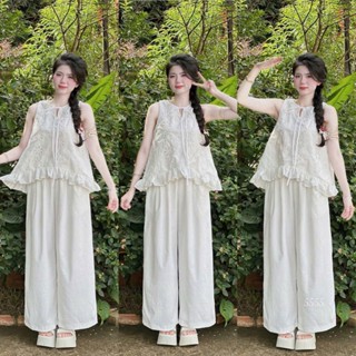  Set bộ áo xô thêu cổ tròn cột dây nơ sát tay dáng babydoll xòe lai bèo phối quần đũi MÀU TRĂNG tinh khôi cho nàng cafe 