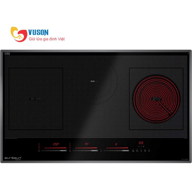 Bếp Điện Từ Eurosun EU-TE398Pro, Thiết kế Ba Vùng Nấu, Mặt Kính EURO Platinum Đen 780x460mm