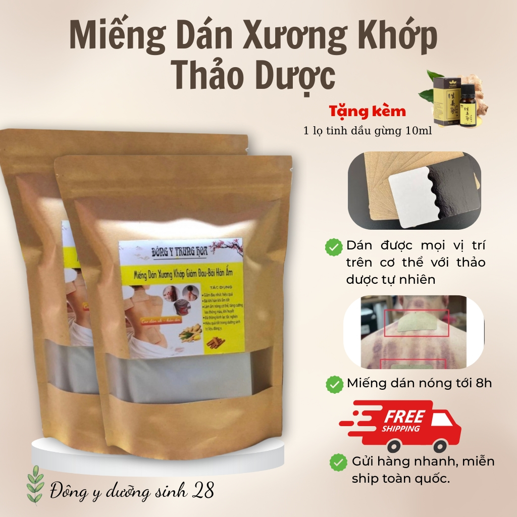 Miếng dán đau nhức xương khớp thảo dược – Túi 100 miếng + Tặng tinh dầu gừng 10ml