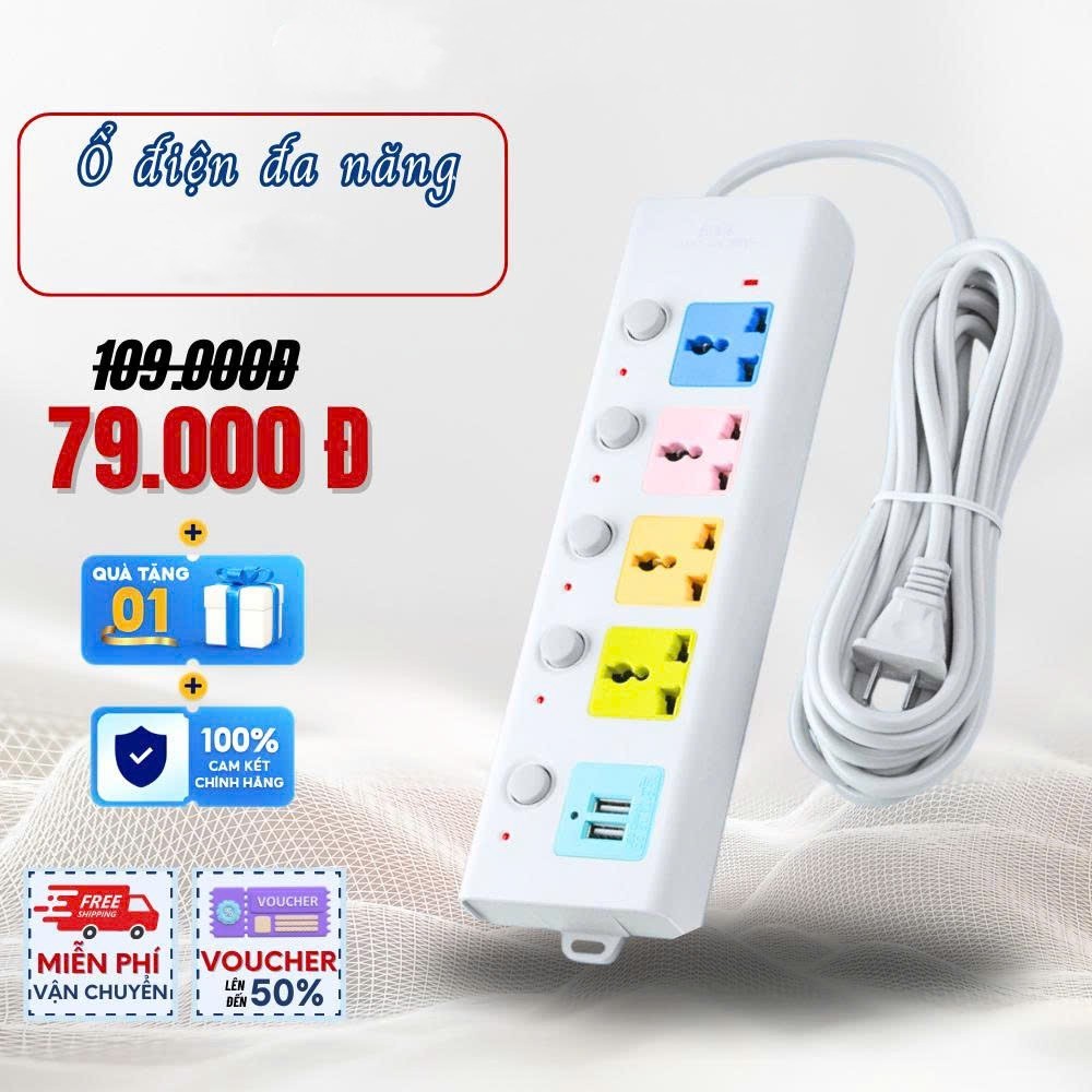 Ổ điện đa năng chống giật – dây 4m, 2 cổng USB, công suất 2500W