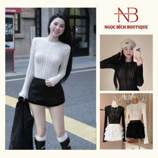  NGOCBICH - Áo Ren Hoa BODY Dài Tay Xuyên Thấu Cổ Tròn Nữ 01 